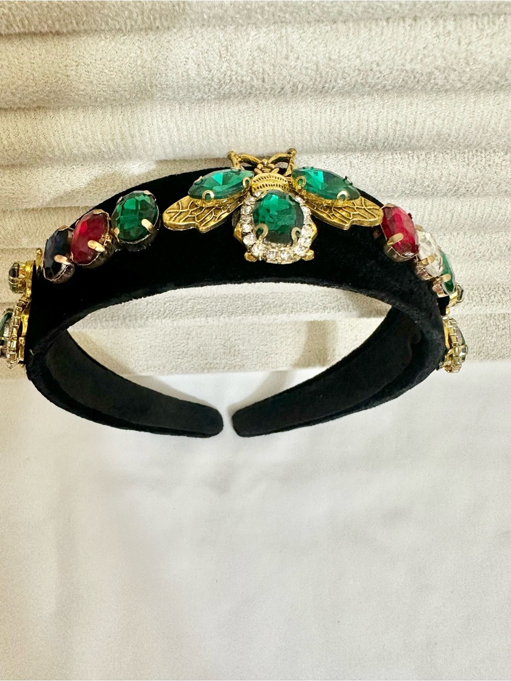 Chunky Embellished Black Velvet Headband with Green & Red Crystal Accents